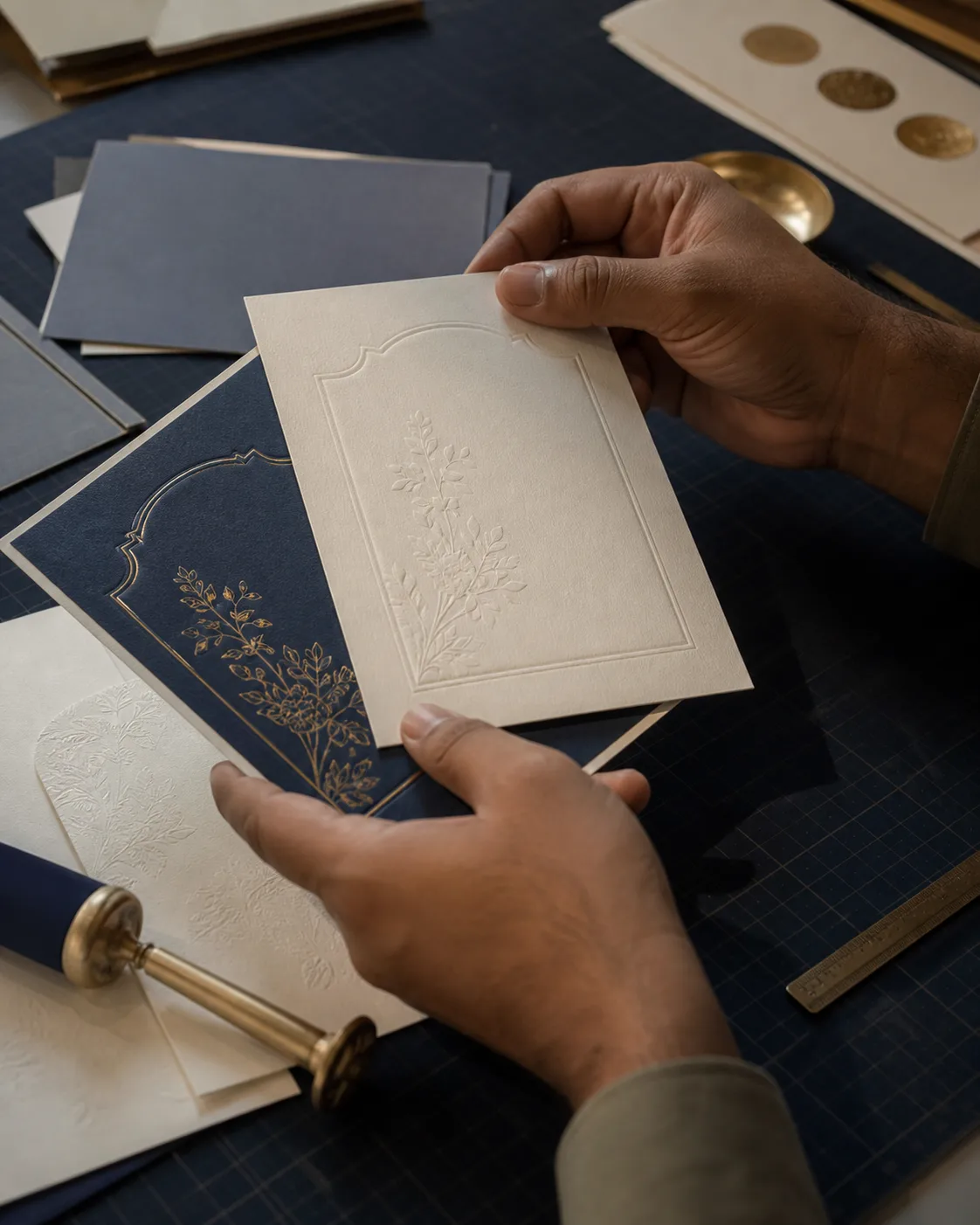 Hands carefully reviewing fine paper, print details, and invitation finishing