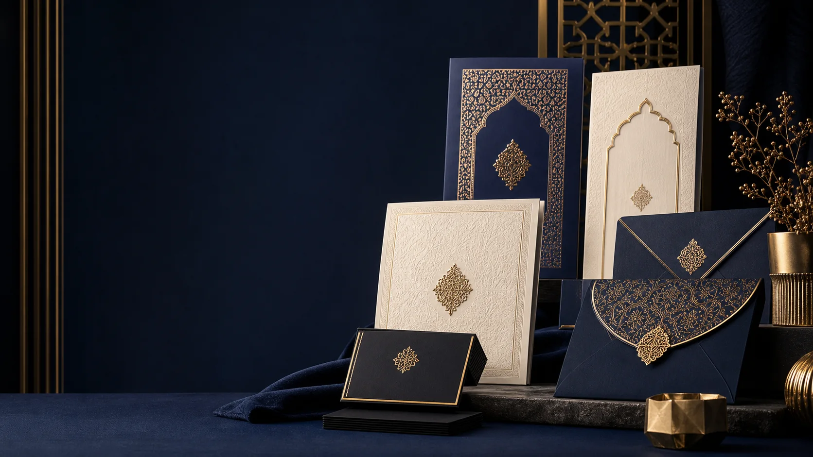 An editorial arrangement of premium navy and gold wedding stationery